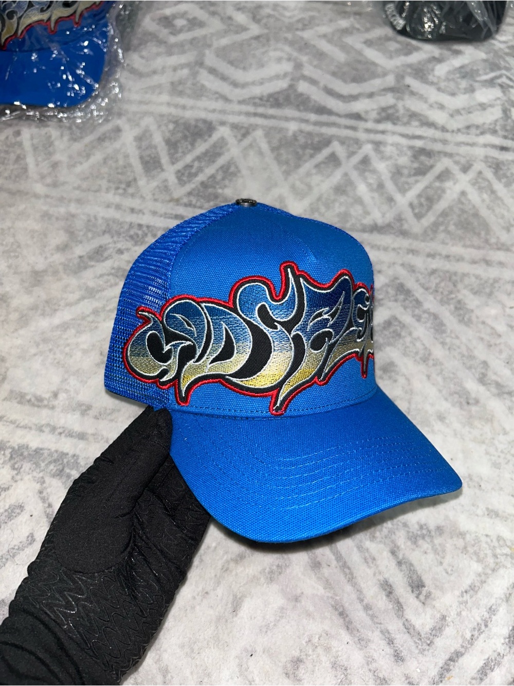 Blue Embroidered Graphic Trucker Cap